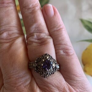 .925 Sterling Silver Marcasite with Blue/Purple Stone Statement Ring